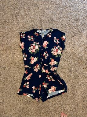 Matilda Jane Navy Floral Button-Up Romper with Pink Roses